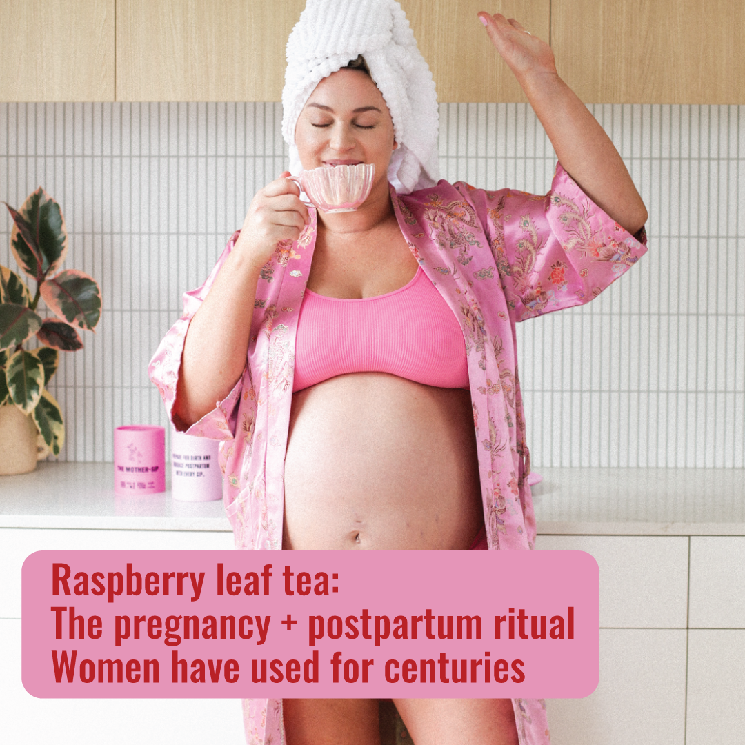 Mama and her cup of raspberry leaf tea steeping, symbolising traditional herbal support for pregnancy, postpartum recovery, and maternal self-care.