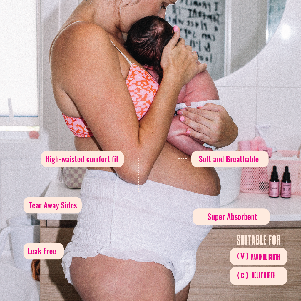 Woman holding a newborn with postpartum nappy features highlighted