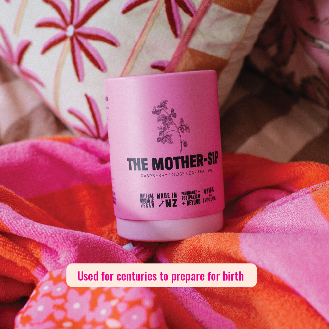 The Mother-Sip Raspberry Leaf Tea styled with pregnancy and postpartum essentials