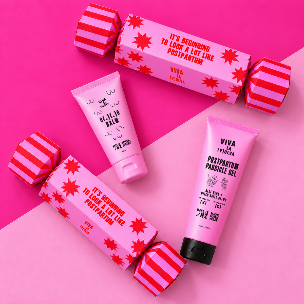 Flat lay of the Viva La Vulva Postparty Cracker Duo with Padsicle Gel and B( . )( . )B Balm tubes