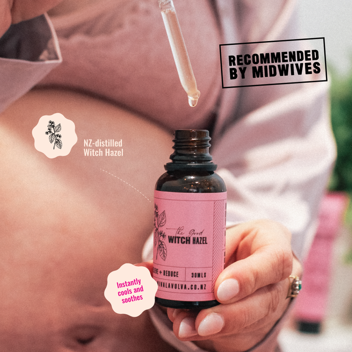 Postpartum mother holding a bottle of witch hazel with a dropper, labelled 'Recommended by Midwives'.